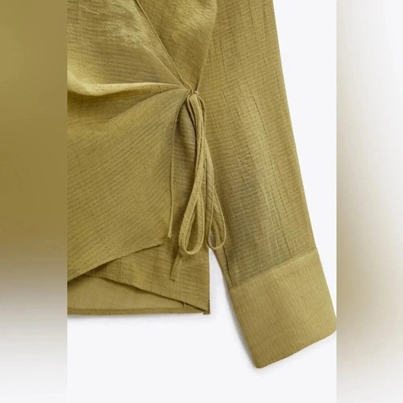 Zara Chiffon Wrap Shirt with Side Tie in Olive NWOT size XS - Picture 3 of 12